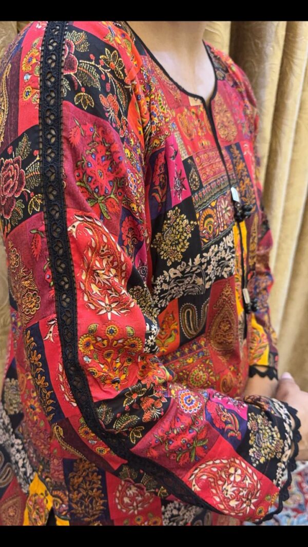 Boho Patchwork Print 2-Piece Suit – Maroon, Red & Gold Tones